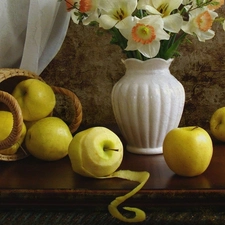 narcissus, apples, Vase, basket