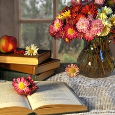 Vase, tablecloth, bouquet, flowers, Books