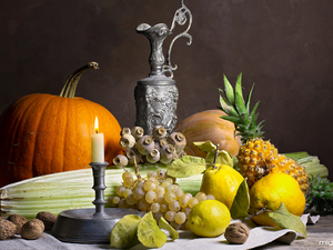 vegetables, Fruits, pumpkin, Grapes, Candle, composition, nuts, pitcher, Pineapples