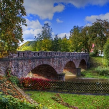 stone, River, VEGETATION, bridge