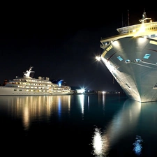 vessels, port, illuminated