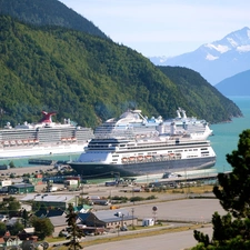 vessels, Mountains, Gulf, sea, Coast