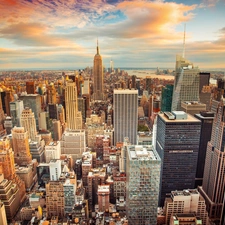 Aerial View, bird, clouds, Nowy York, skyscrapers