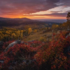 Great Sunsets, Altai Mountains, autumn, birch, Altai Republic, Russia, viewes, rocks, trees