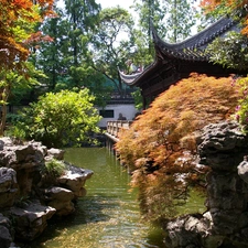 trees, Stones, Szanghai, water, Garden, viewes, China