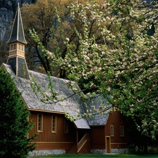 church, trees, viewes, Mountains