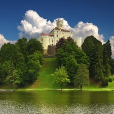 water, Castle, viewes, clouds, trees, Hill