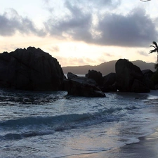 rocks, sea, viewes, clouds, trees, Waves