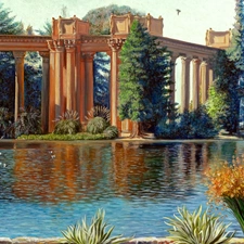 viewes, Flowers, water, trees, Column