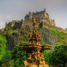 fountain, Castle, viewes, Flowers, trees, scarp