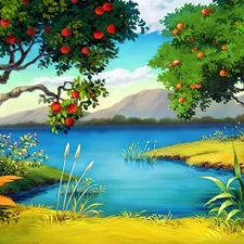 viewes, fruit, Mountains, trees, lake