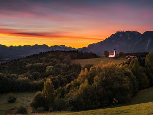 Sunrise, trees, woods, Bavaria, Hill, Mountains, viewes, Germany, Berchtesgadener Province, Church
