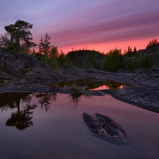 viewes, rocks, reflection, trees, Lake Ladoga, Great Sunsets, Russia