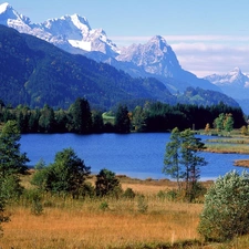 lake, trees, viewes, Mountains