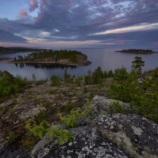 viewes, rocks, Russia, Islets, Karelia, trees, Lake Ladoga, Sunrise