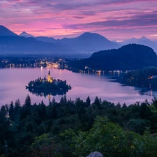 Lake Bled, Blejski Otok Island, Church of the Assumption of the Virgin Mary, Mountains, clouds, Slovenia, viewes, Sunrise, trees