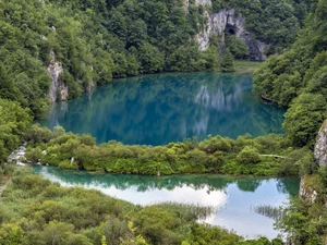 viewes, lakes, VEGETATION, trees, Coartia, rocks, Plitvice Lakes National Park