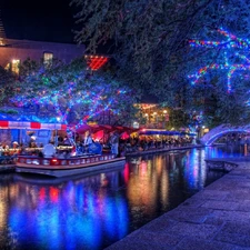 viewes, Night, Restaurants, trees, River