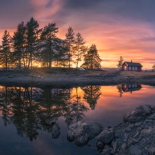 Ringerike Municipality, Norway, house, Great Sunsets, Stones, reflection, trees, viewes, Vaeleren Lake