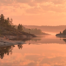 viewes, rocks, Republic of Karelia, trees, Lake Ladoga, reflection, Russia