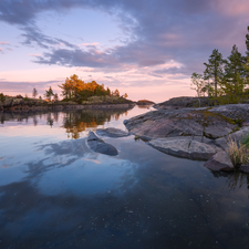 lake, Ladoga, rocks, trees, clouds, Karelia, Russia, viewes