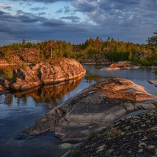 lake, Ladoga, rocks, trees, clouds, Karelia, Russia, viewes