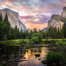 Yosemite National Park, Merced River, Sunrise, trees, Sierra Nevada Mountains, State of California, The United States, viewes