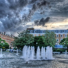 viewes, Sky, buildings, trees, fountain