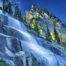 viewes, Sky, waterfall, trees, Mountains