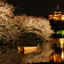 trees, Boat, Night, flourishing, lake, viewes, Spring