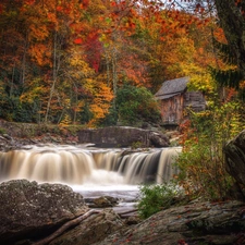 viewes, trees, River, cascade, forest, autumn, Stones, Windmill, rocks