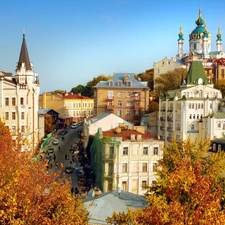 buildings, Town, viewes, Street, trees, View