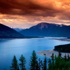 trees, Beaches, west, Mountains, lake, viewes, sun