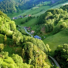 viewes, Way, Valley, Black Forest Village, Mountains, trees