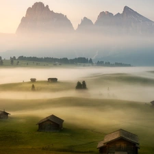 Seiser Alm Meadow, Italy, Val Gardena Valley, Dolomites, viewes, Fog, Houses, trees, Sassolungo Mountains