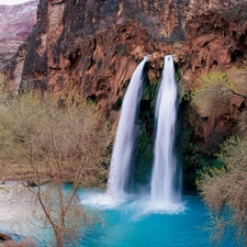 waterfall, trees, viewes, rocks