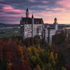 trees, Hill, field, viewes, Alps, Germany, Bavaria, Neuschwanstein Castle, woods, Great Sunsets, Mountains