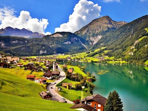Valley, village, Alps, lake, Mountains