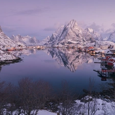 winter, Lofoten, Reine Village, trees, Norwegian Sea, Norway, Moskenesoya Island, viewes, Houses, Mountains