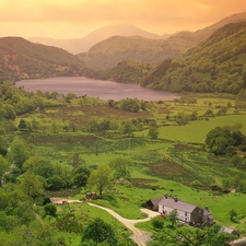 village, Mountains, lake