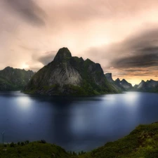 sea, Norway, village, Sunrise, Mountains, Lofoten