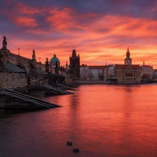 Vltava River, Czech Republic, Houses, Sunrise, Charles Bridge, Prague