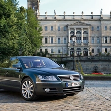 house, viewes, Volkswagen Phaeton, trees