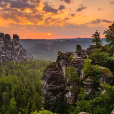 viewes, Děčínská vrchovina, Saxon Switzerland National Park, trees, rocks, Great Sunsets, Germany
