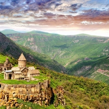 Mountains, Castle, wall, Sky