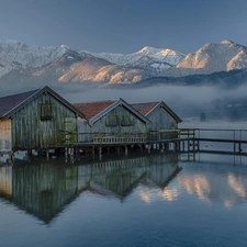 an, water, winter, Mountains, Fog, Sheds, lake, woods