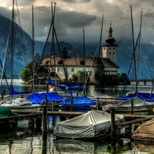 Church, Boats, water, Mountains