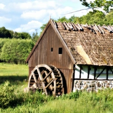 water, ruin, Meadow, Windmill, forest