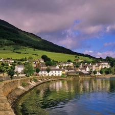 water, Mountains, Town