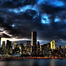 New York, Sky, water, night